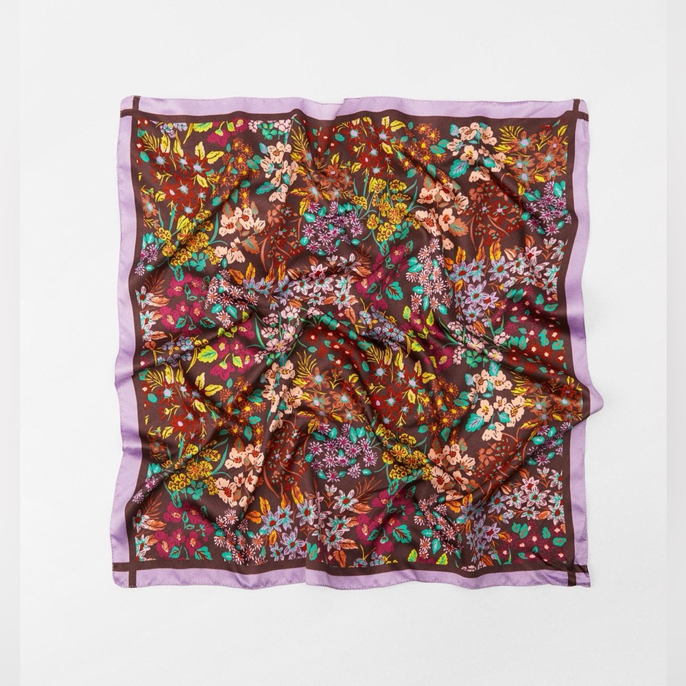 Zara Floral Satin Effect Scarf - Purple and Brown Floral